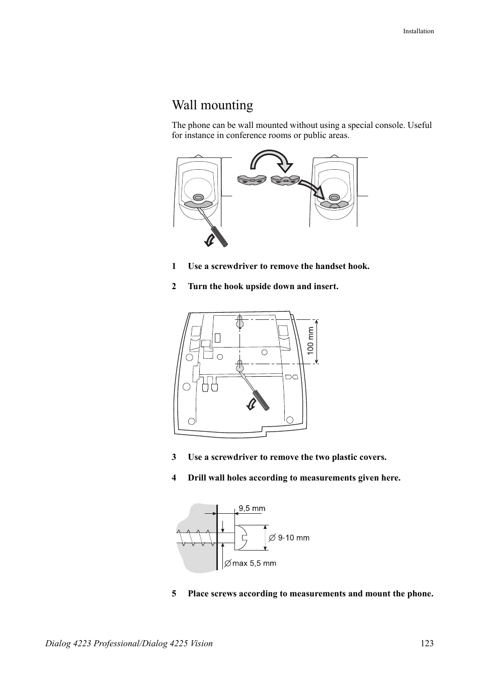 Wall mounting | AASTRA 4225 Vision for MX-ONE (TSE) User Guide EN User Manual | Page 123 / 132