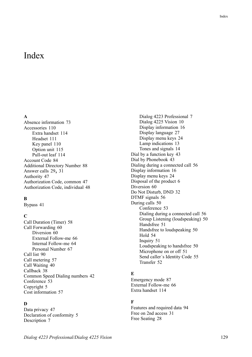 Index | AASTRA 4225 Vision for MX-ONE (TSE) User Guide EN User Manual | Page 129 / 132