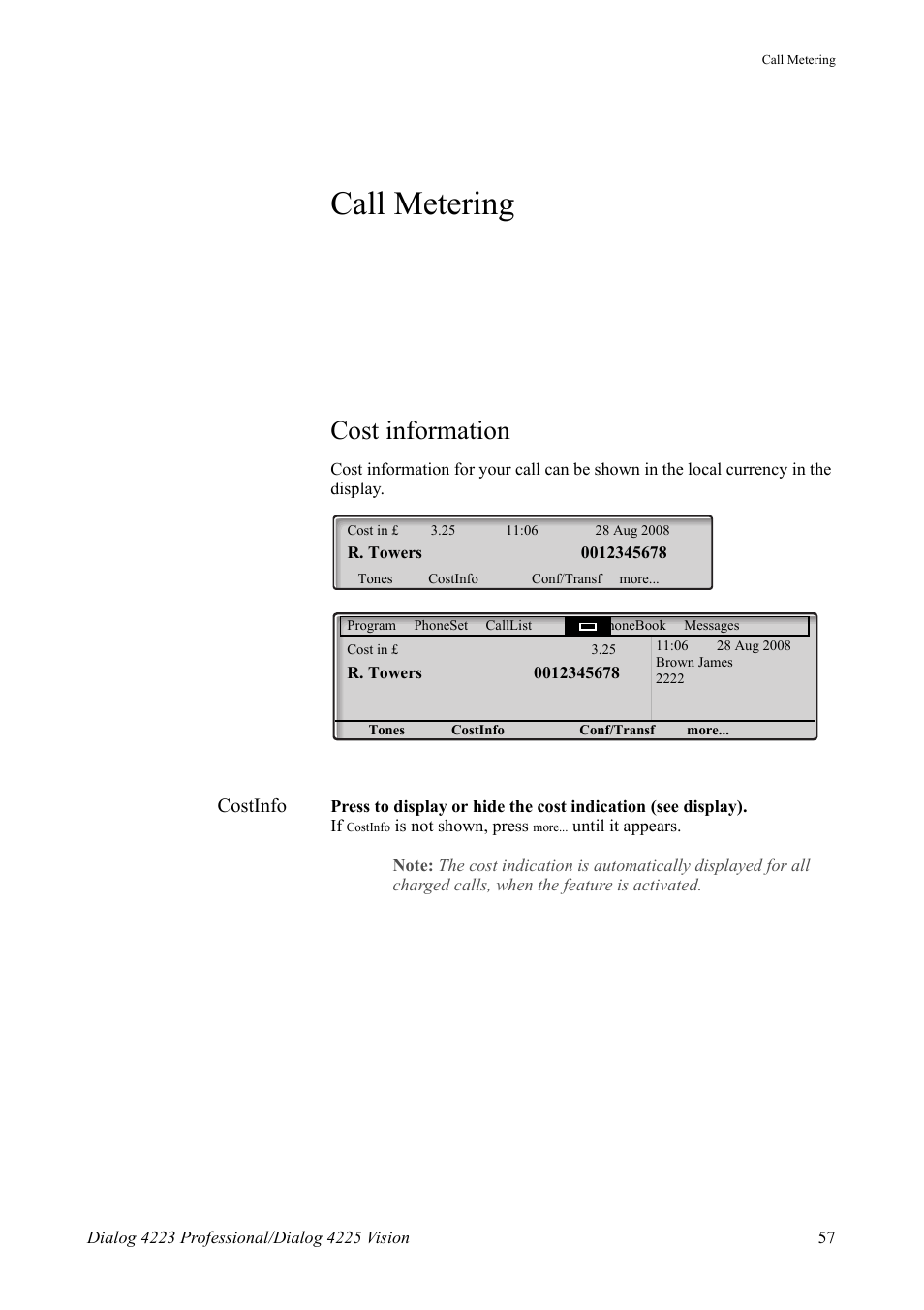 Call metering, Cost information, Costinfo | AASTRA 4225 Vision for MX-ONE (TSE) User Guide EN User Manual | Page 57 / 132