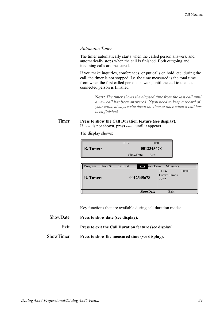 Automatic timer, Timer, Showdate | Exit, Showtimer | AASTRA 4225 Vision for MX-ONE (TSE) User Guide EN User Manual | Page 59 / 132