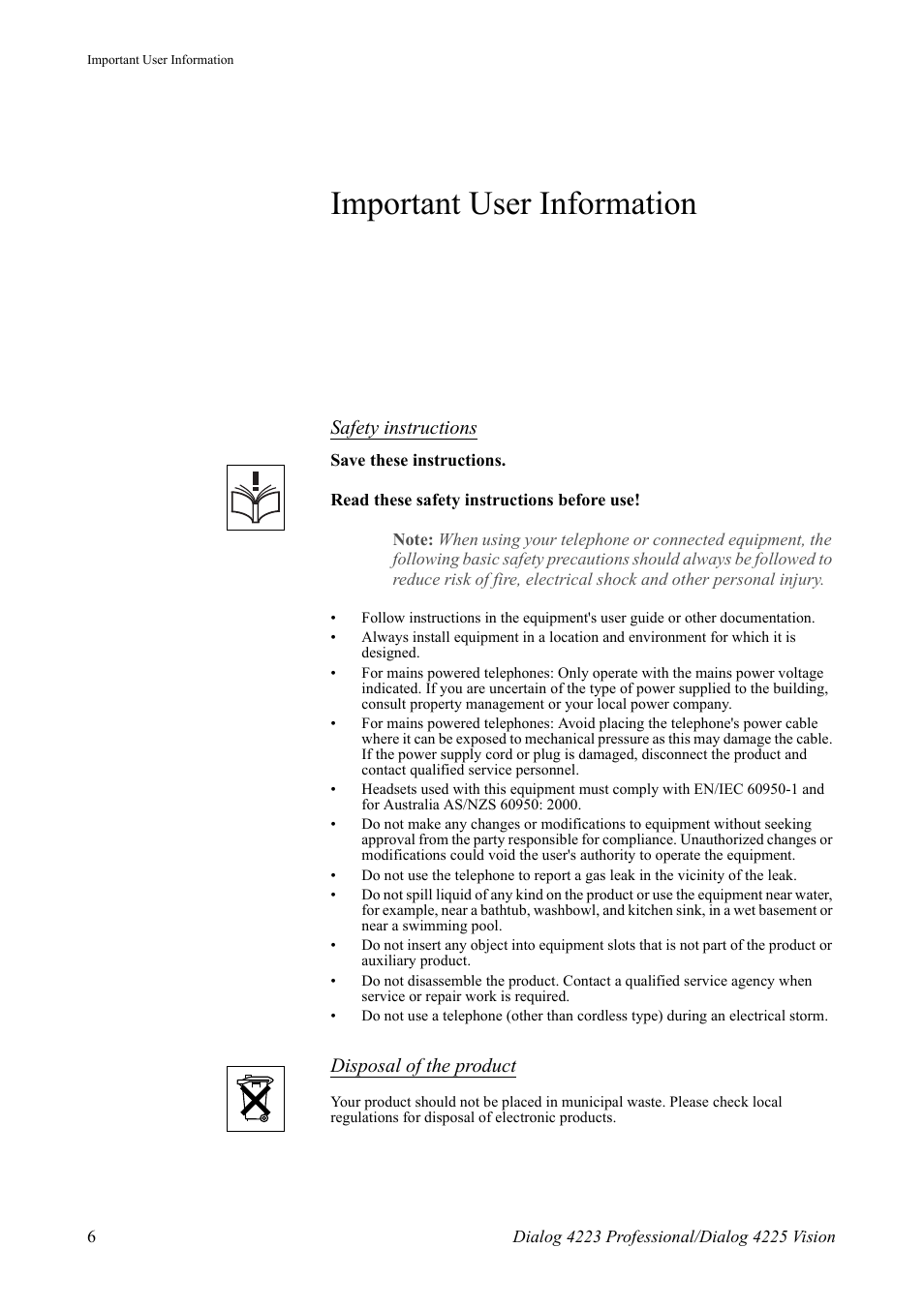Important user information, Safety instructions, Disposal of the product | AASTRA 4225 Vision for MX-ONE (TSE) User Guide EN User Manual | Page 6 / 132