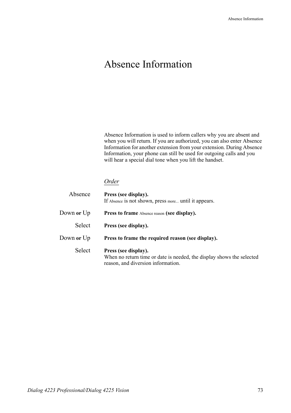 Absence information | AASTRA 4225 Vision for MX-ONE (TSE) User Guide EN User Manual | Page 73 / 132