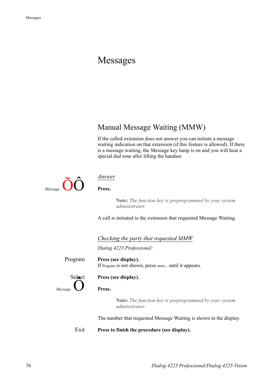 Messages, Manual message waiting (mmw), Ction | See section | AASTRA 4225 Vision for MX-ONE (TSE) User Guide EN User Manual | Page 76 / 132