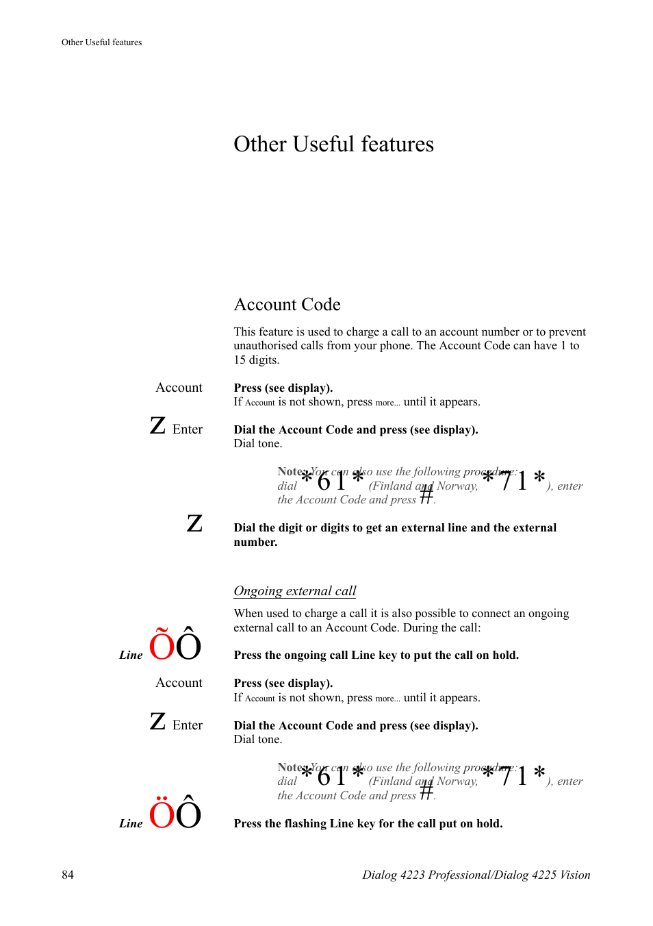 Other useful features, Account code | AASTRA 4225 Vision for MX-ONE (TSE) User Guide EN User Manual | Page 84 / 132