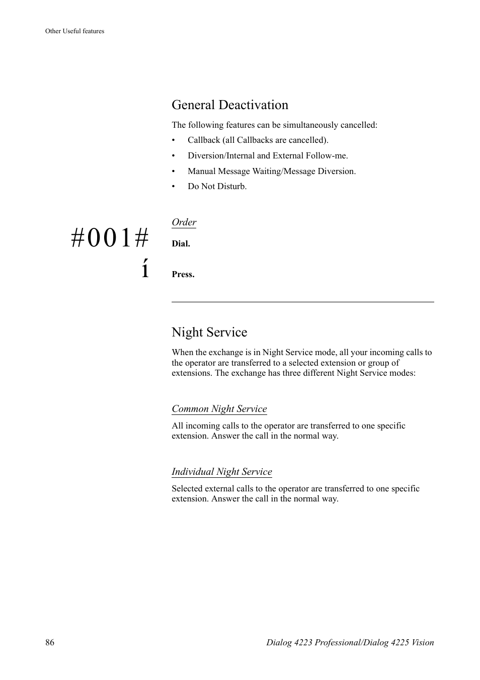 General deactivation, Night service | AASTRA 4225 Vision for MX-ONE (TSE) User Guide EN User Manual | Page 86 / 132