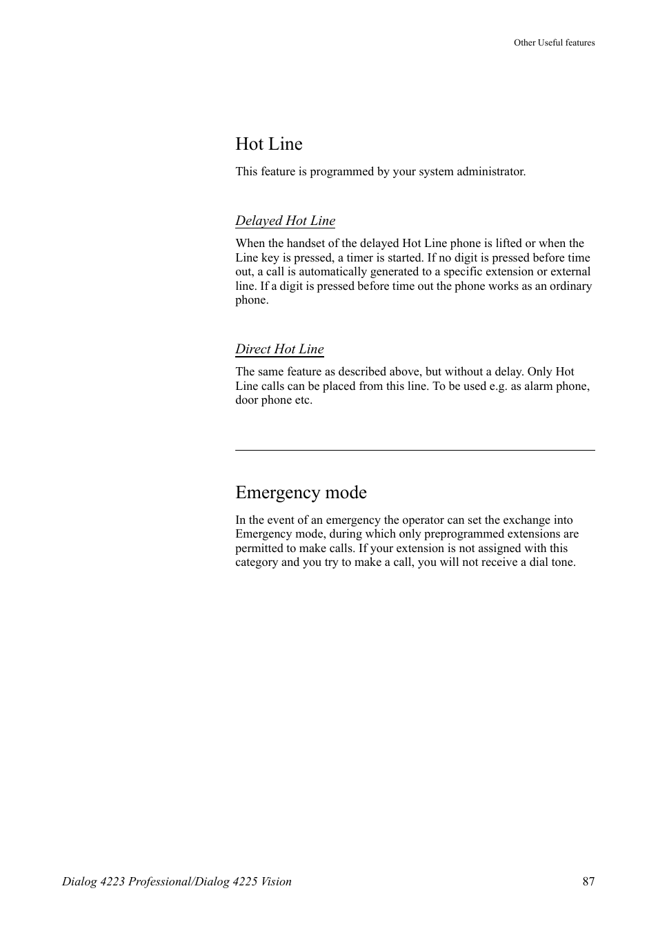 Hot line, Emergency mode | AASTRA 4225 Vision for MX-ONE (TSE) User Guide EN User Manual | Page 87 / 132