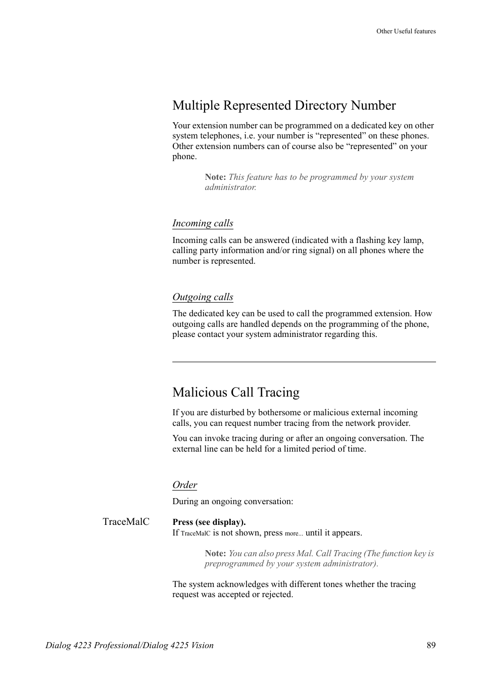 Multiple represented directory number, Malicious call tracing | AASTRA 4225 Vision for MX-ONE (TSE) User Guide EN User Manual | Page 89 / 132