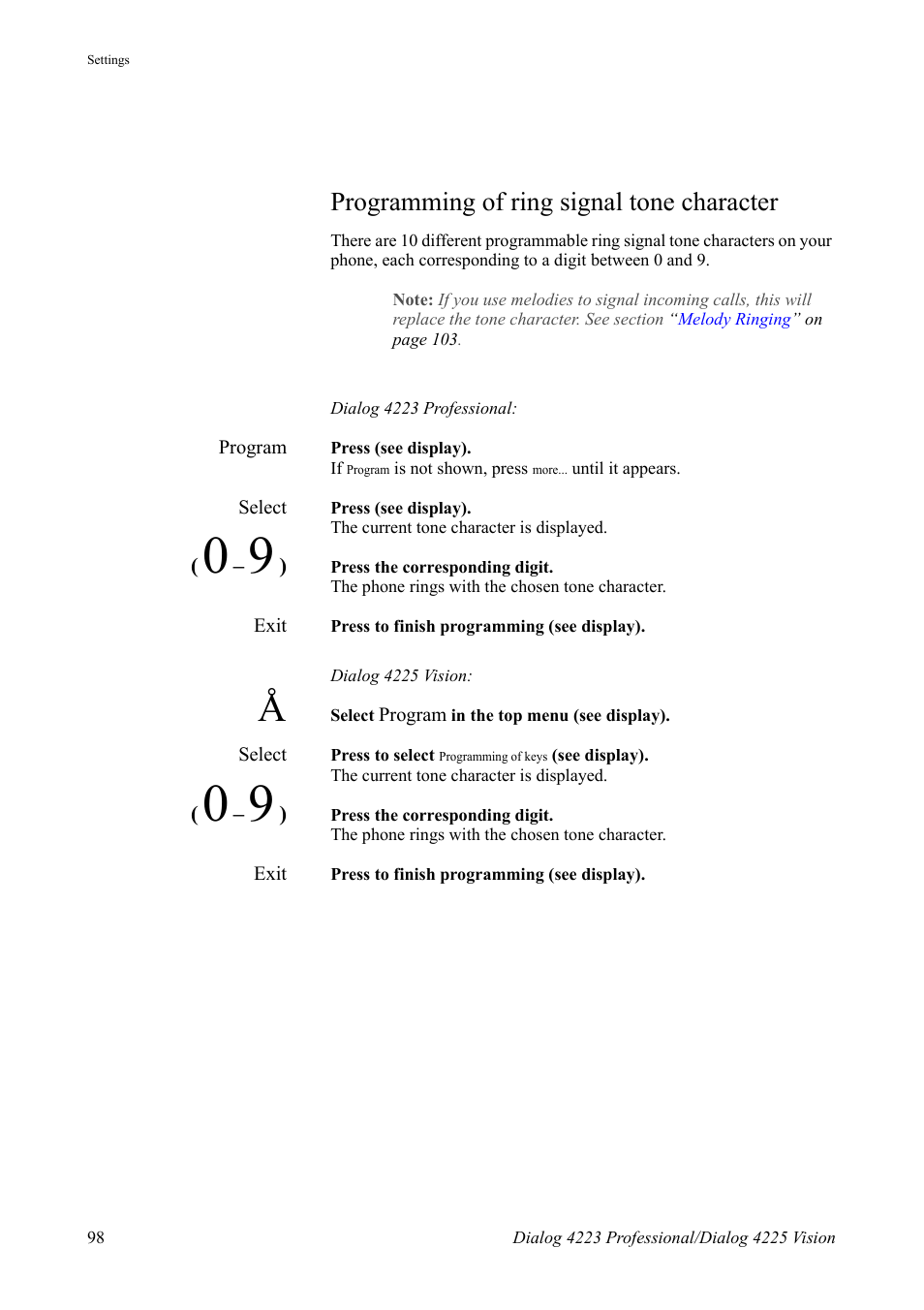 Programming of ring signal tone character | AASTRA 4225 Vision for MX-ONE (TSE) User Guide EN User Manual | Page 98 / 132