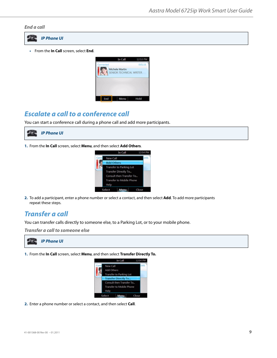 End a call, Escalate a call to a conference call, Transfer a call | Transfer a call to someone else, Aastra model 6725ip work smart user guide | AASTRA 6725ip User Guide EN User Manual | Page 11 / 16