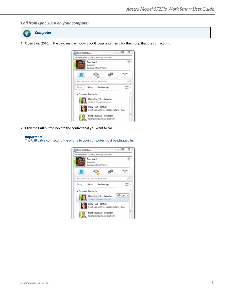 Call from lync 2010 on your computer, Aastra model 6725ip work smart user guide | AASTRA 6725ip User Guide EN User Manual | Page 5 / 16