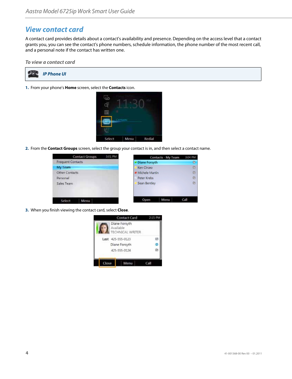 View contact card, To view a contact card, Aastra model 6725ip work smart user guide | AASTRA 6725ip User Guide EN User Manual | Page 6 / 16