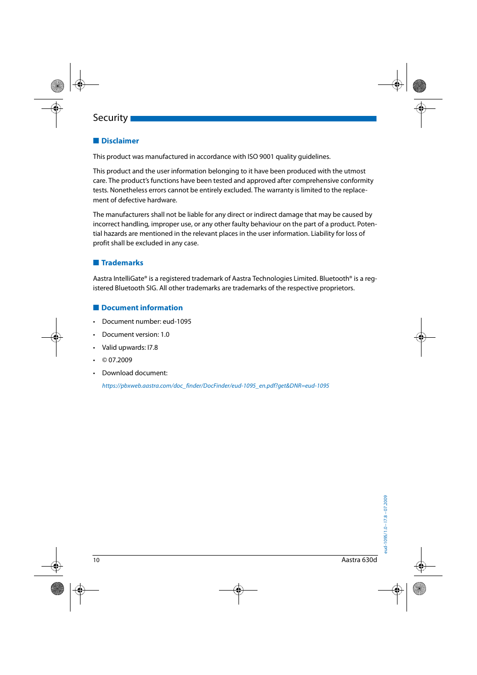 Disclaimer, Trademarks, Document information | Security | AASTRA 630d for Aastra IntelliGate User Guide EN User Manual | Page 10 / 84