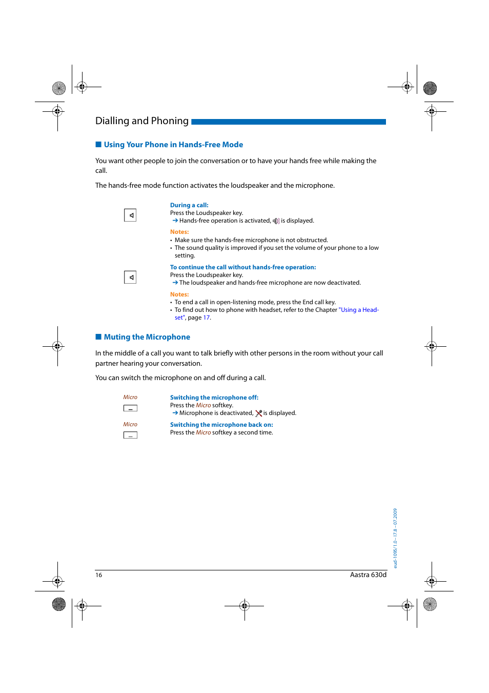 Using your phone in hands-free mode, Muting the microphone, Apter | Using, Your phone in hands-free mode, Dialling and phoning | AASTRA 630d for Aastra IntelliGate User Guide EN User Manual | Page 16 / 84
