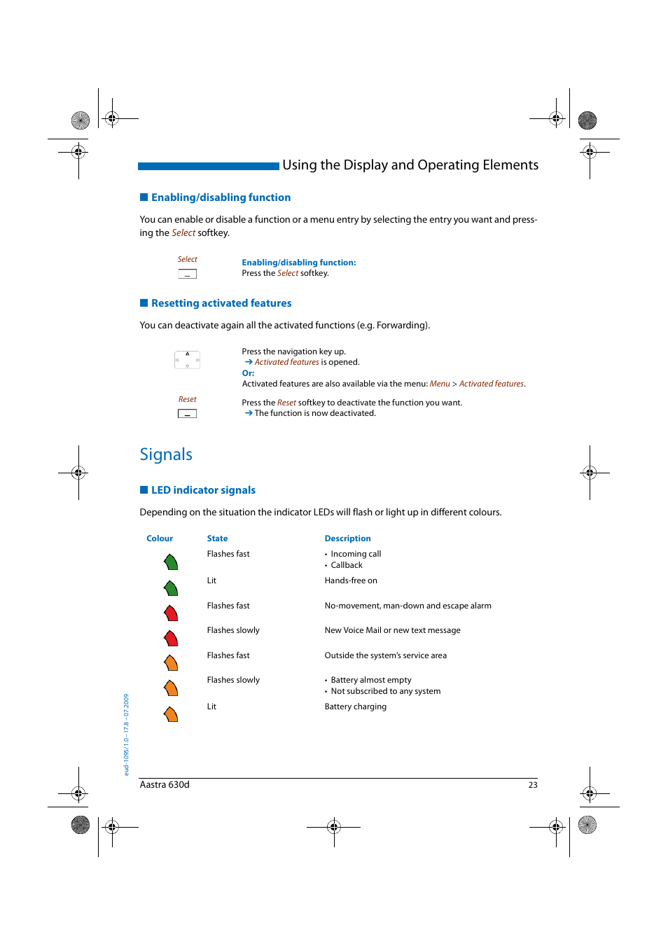 Enabling/disabling function, Resetting activated features, Signals | Led indicator signals, Led indicator, Using the display and operating elements | AASTRA 630d for Aastra IntelliGate User Guide EN User Manual | Page 23 / 84