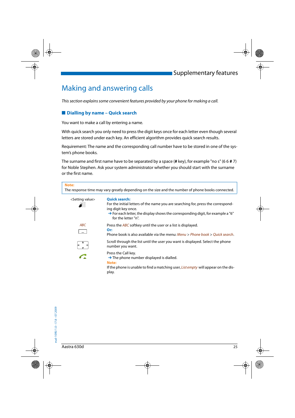 Making and answering calls, Dialling by name – quick search, Supplementary features | AASTRA 630d for Aastra IntelliGate User Guide EN User Manual | Page 25 / 84