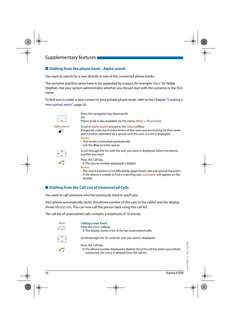 Dialling from the phone book - alpha search, Dialling from the call list of unanswered calls, Supplementary features | AASTRA 630d for Aastra IntelliGate User Guide EN User Manual | Page 26 / 84