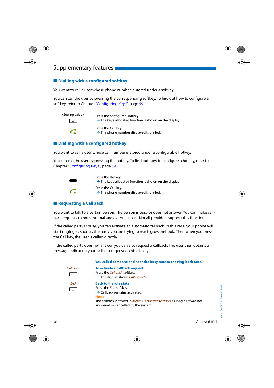 Dialling with a configured softkey, Dialling with a configured hotkey, Requesting a callback | Supplementary features | AASTRA 630d for Aastra IntelliGate User Guide EN User Manual | Page 28 / 84
