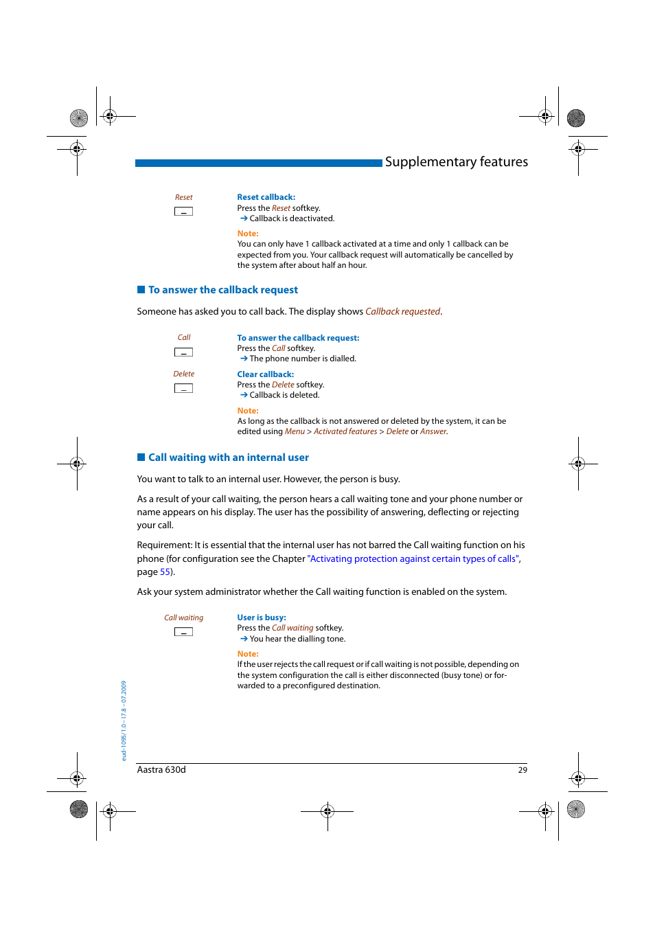 To answer the callback request, Call waiting with an internal user, Supplementary features | AASTRA 630d for Aastra IntelliGate User Guide EN User Manual | Page 29 / 84