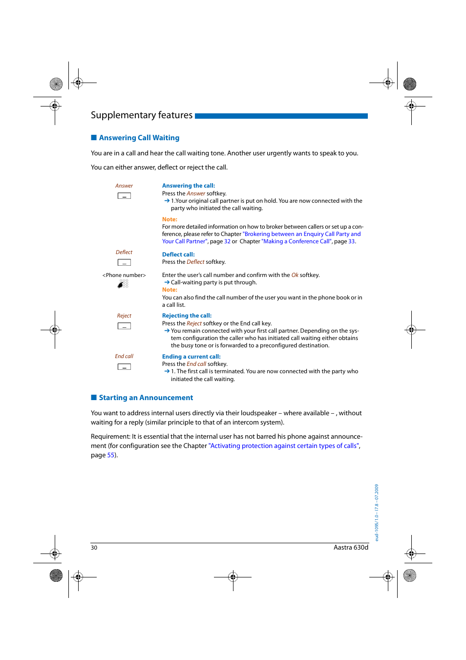 Answering call waiting, Starting an announcement, Supplementary features | AASTRA 630d for Aastra IntelliGate User Guide EN User Manual | Page 30 / 84