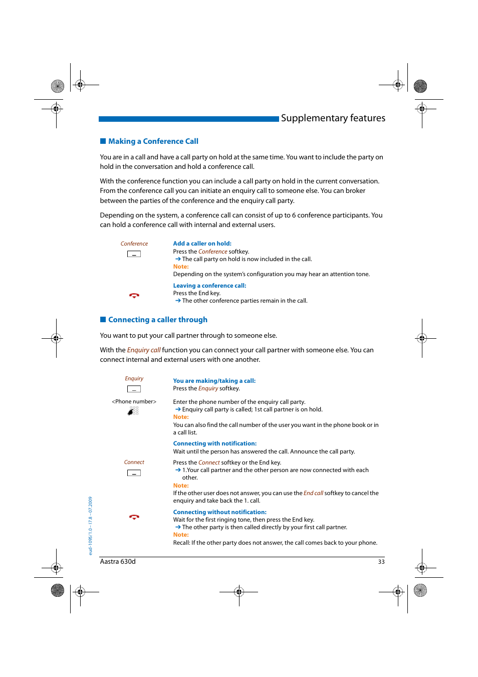 Making a conference call, Connecting a caller through, Supplementary features | AASTRA 630d for Aastra IntelliGate User Guide EN User Manual | Page 33 / 84