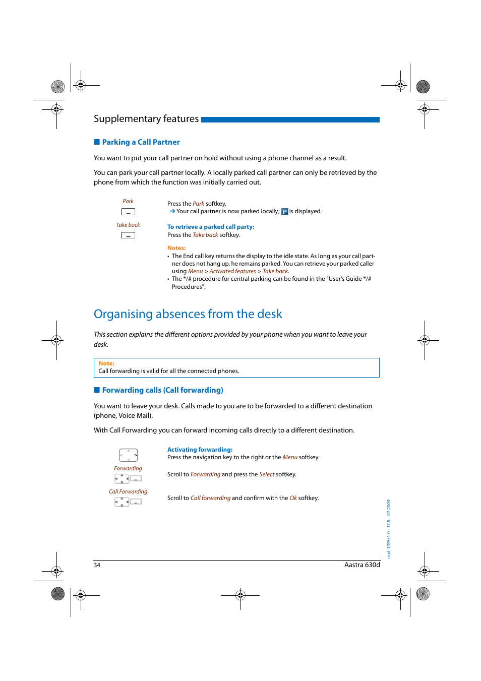 Parking a call partner, Organising absences from the desk, Forwarding calls (call forwarding) | Supplementary features | AASTRA 630d for Aastra IntelliGate User Guide EN User Manual | Page 34 / 84