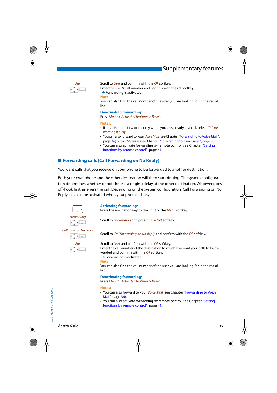 Forwarding calls (call forwarding on no reply), Supplementary features | AASTRA 630d for Aastra IntelliGate User Guide EN User Manual | Page 35 / 84
