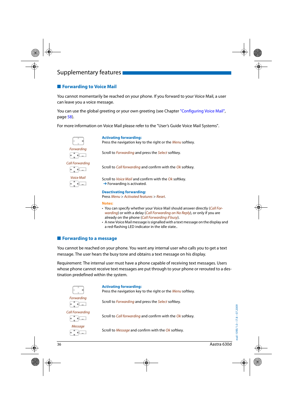 Forwarding to voice mail, Forwarding to a message, Forwarding to voice | Mail, Supplementary features | AASTRA 630d for Aastra IntelliGate User Guide EN User Manual | Page 36 / 84
