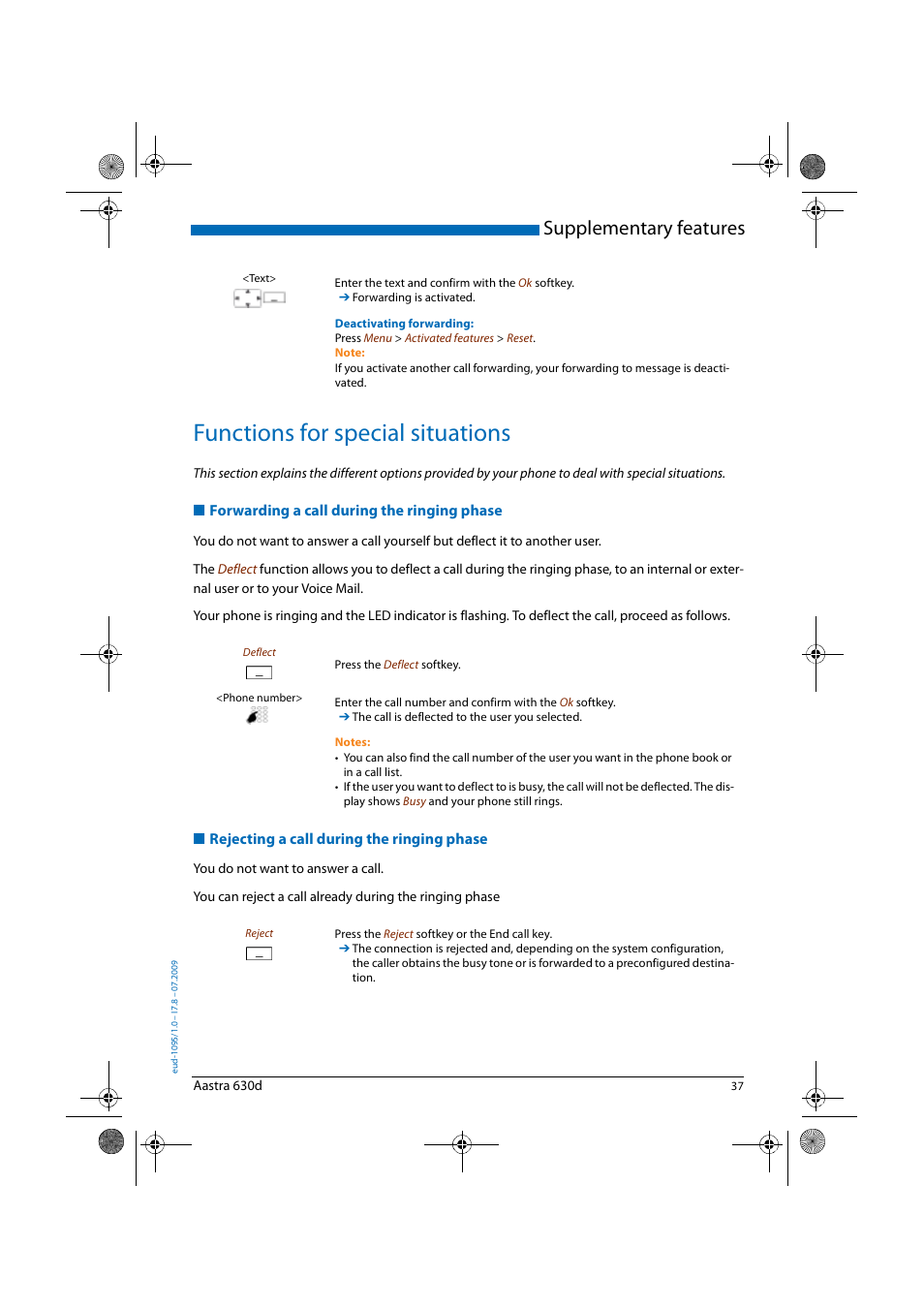 Functions for special situations, Forwarding a call during the ringing phase, Rejecting a call during the ringing phase | Supplementary features | AASTRA 630d for Aastra IntelliGate User Guide EN User Manual | Page 37 / 84