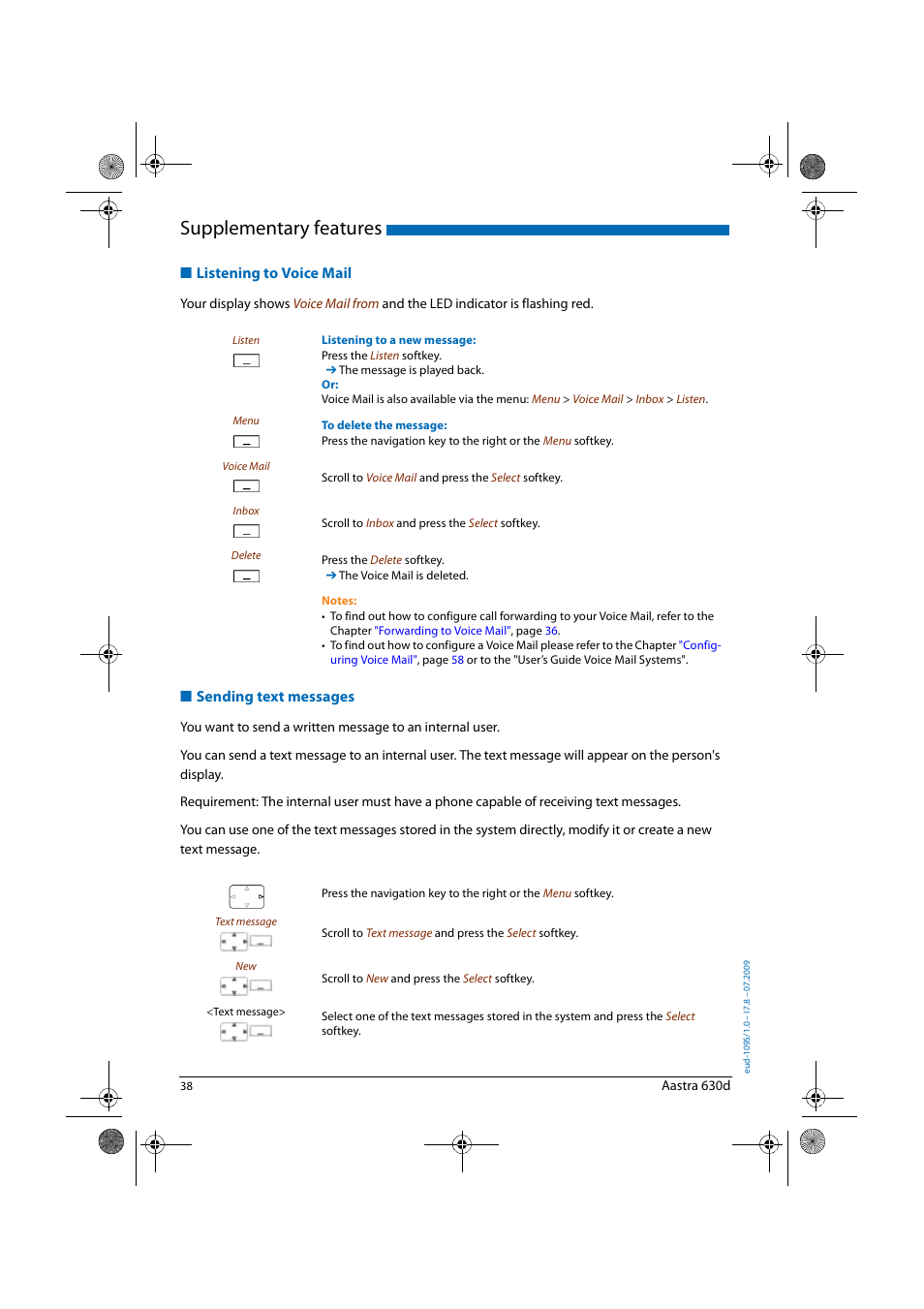 Listening to voice mail, Sending text messages, Supplementary features | AASTRA 630d for Aastra IntelliGate User Guide EN User Manual | Page 38 / 84