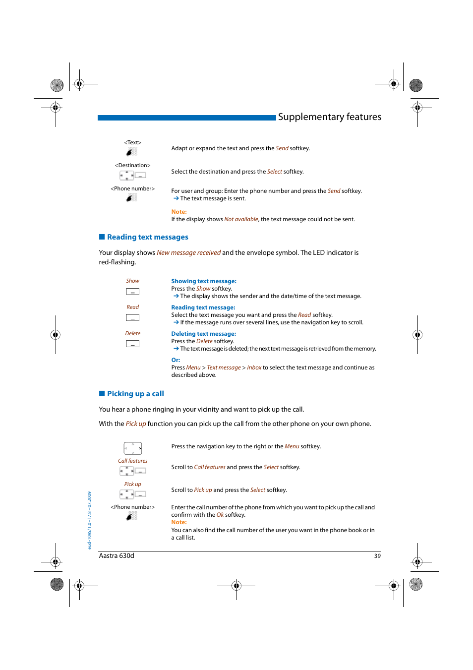 Reading text messages, Picking up a call, Supplementary features | AASTRA 630d for Aastra IntelliGate User Guide EN User Manual | Page 39 / 84