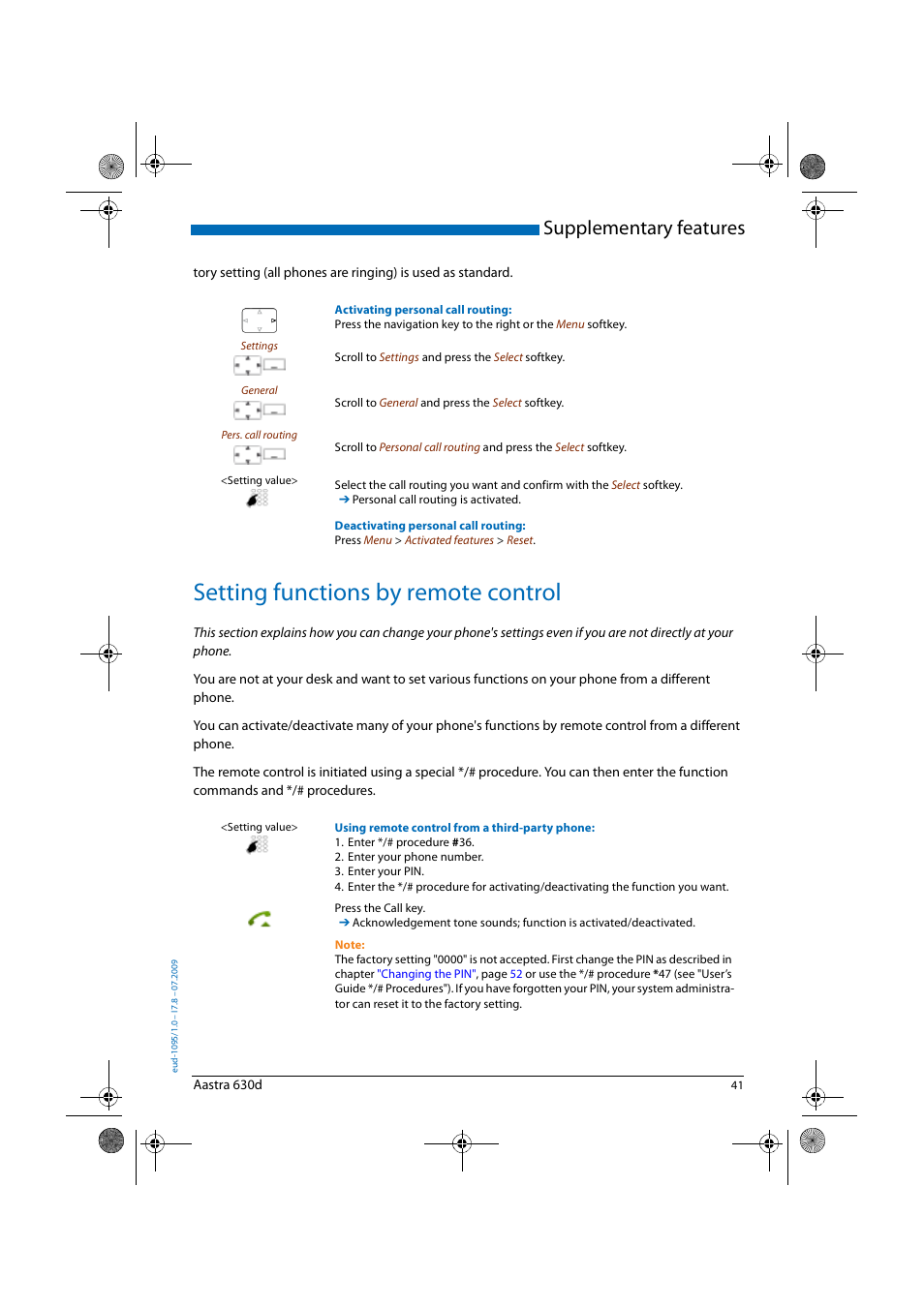 Setting functions by remote control, Setting, Functions by remote control | Supplementary features | AASTRA 630d for Aastra IntelliGate User Guide EN User Manual | Page 41 / 84