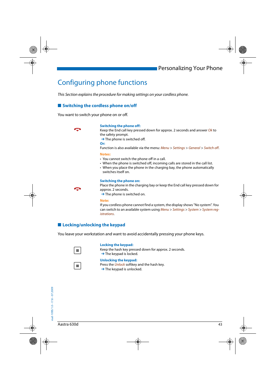 Configuring phone functions, Switching the cordless phone on/off, Locking/unlocking the keypad | Personalizing your phone | AASTRA 630d for Aastra IntelliGate User Guide EN User Manual | Page 43 / 84