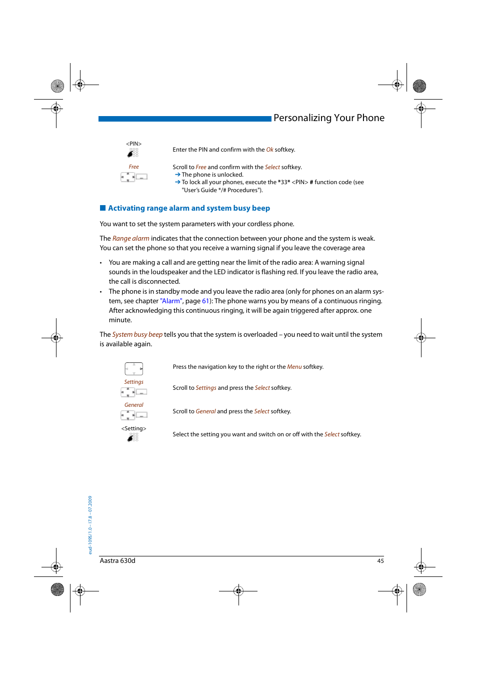 Activating range alarm and system busy beep, Personalizing your phone | AASTRA 630d for Aastra IntelliGate User Guide EN User Manual | Page 45 / 84