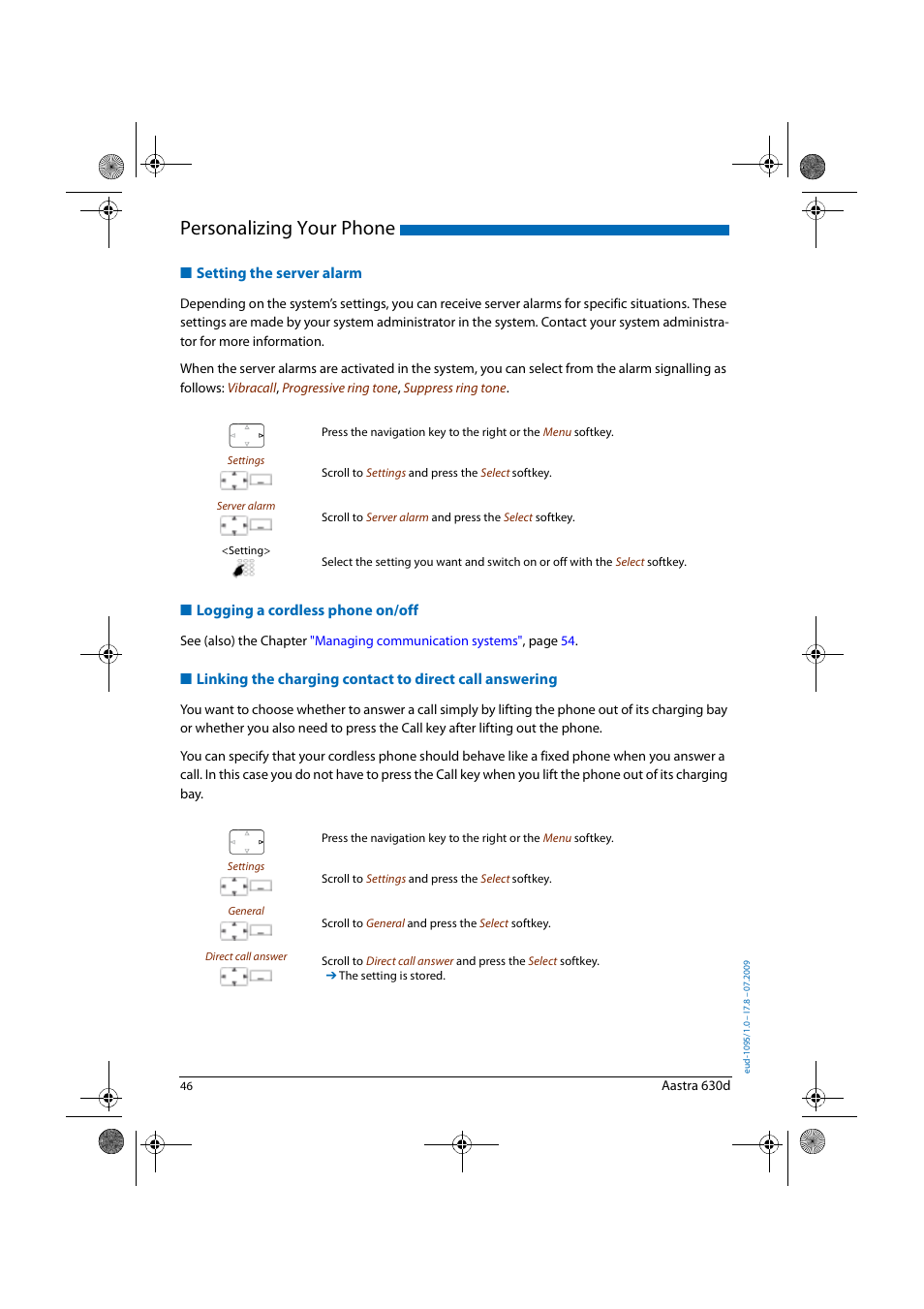 Setting the server alarm, Logging a cordless phone on/off, Personalizing your phone | AASTRA 630d for Aastra IntelliGate User Guide EN User Manual | Page 46 / 84