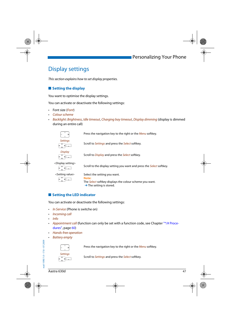 Display settings, Setting the display, Setting the led indicator | Personalizing your phone | AASTRA 630d for Aastra IntelliGate User Guide EN User Manual | Page 47 / 84
