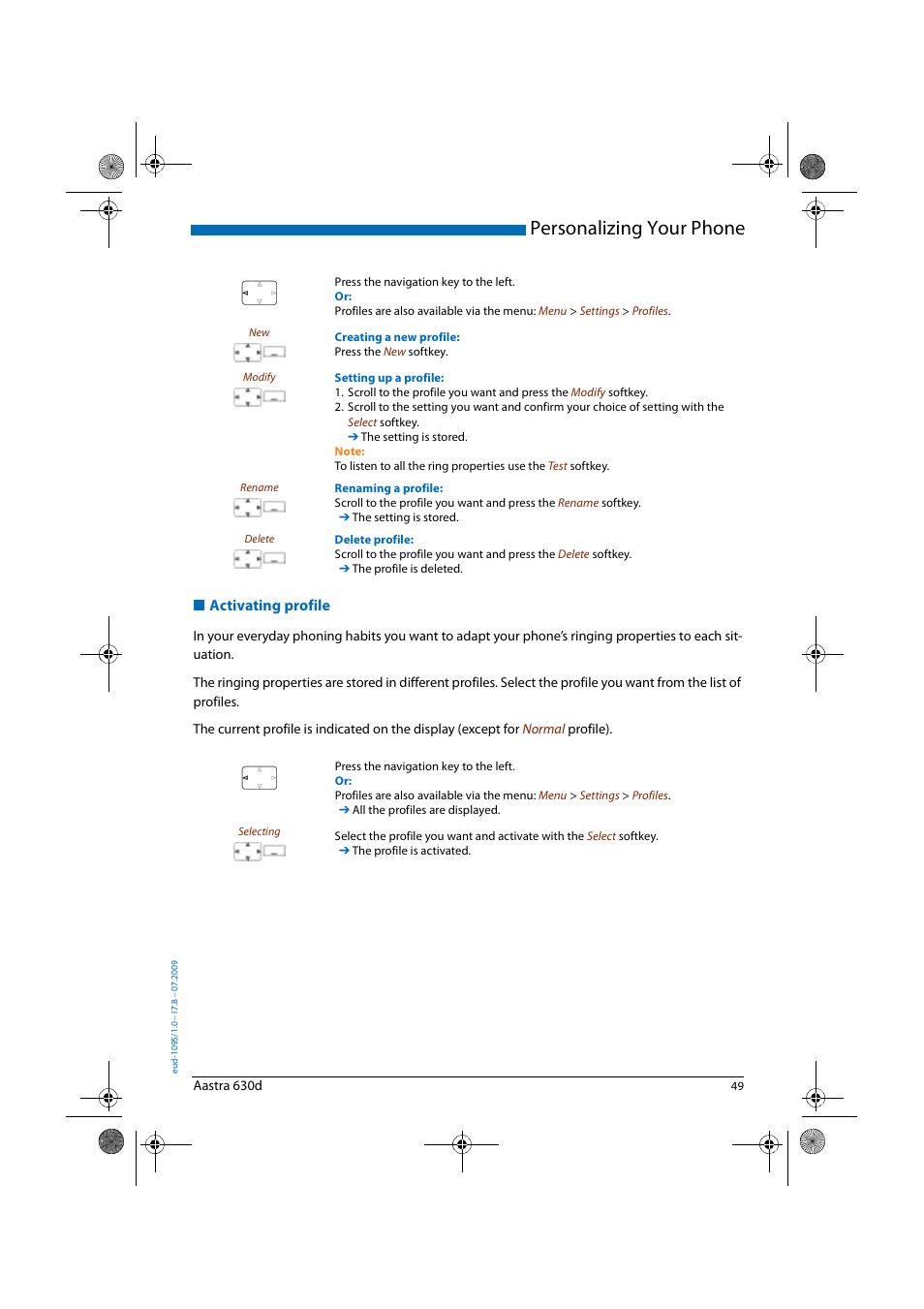 Activating profile, Personalizing your phone | AASTRA 630d for Aastra IntelliGate User Guide EN User Manual | Page 49 / 84