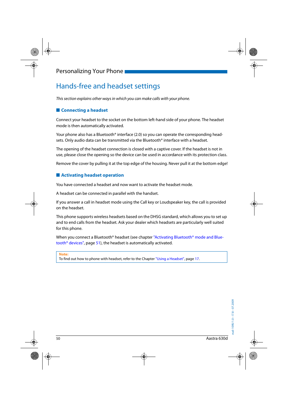 Hands-free and headset settings, Connecting a headset, Activating headset operation | Activating, Headset operation, Personalizing your phone | AASTRA 630d for Aastra IntelliGate User Guide EN User Manual | Page 50 / 84