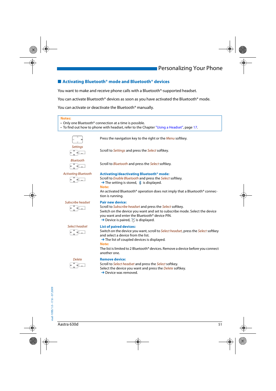 Activating bluetooth® mode and bluetooth® devices, Activating, Bluetooth® mode and bluetooth® devices | Activating bluetooth® mode and blue, Tooth® devices, Personalizing your phone | AASTRA 630d for Aastra IntelliGate User Guide EN User Manual | Page 51 / 84