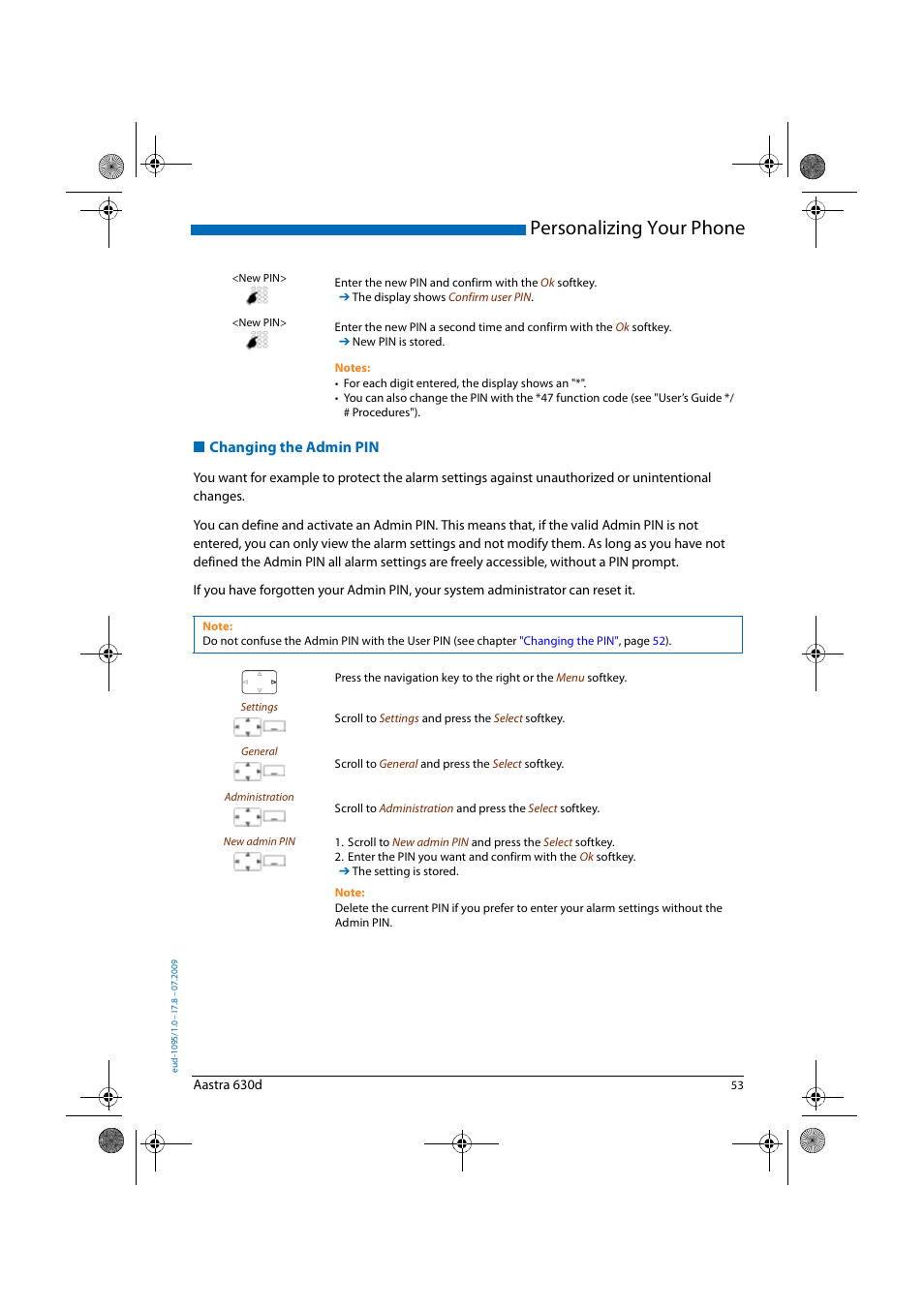 Changing the admin pin, Personalizing your phone | AASTRA 630d for Aastra IntelliGate User Guide EN User Manual | Page 53 / 84