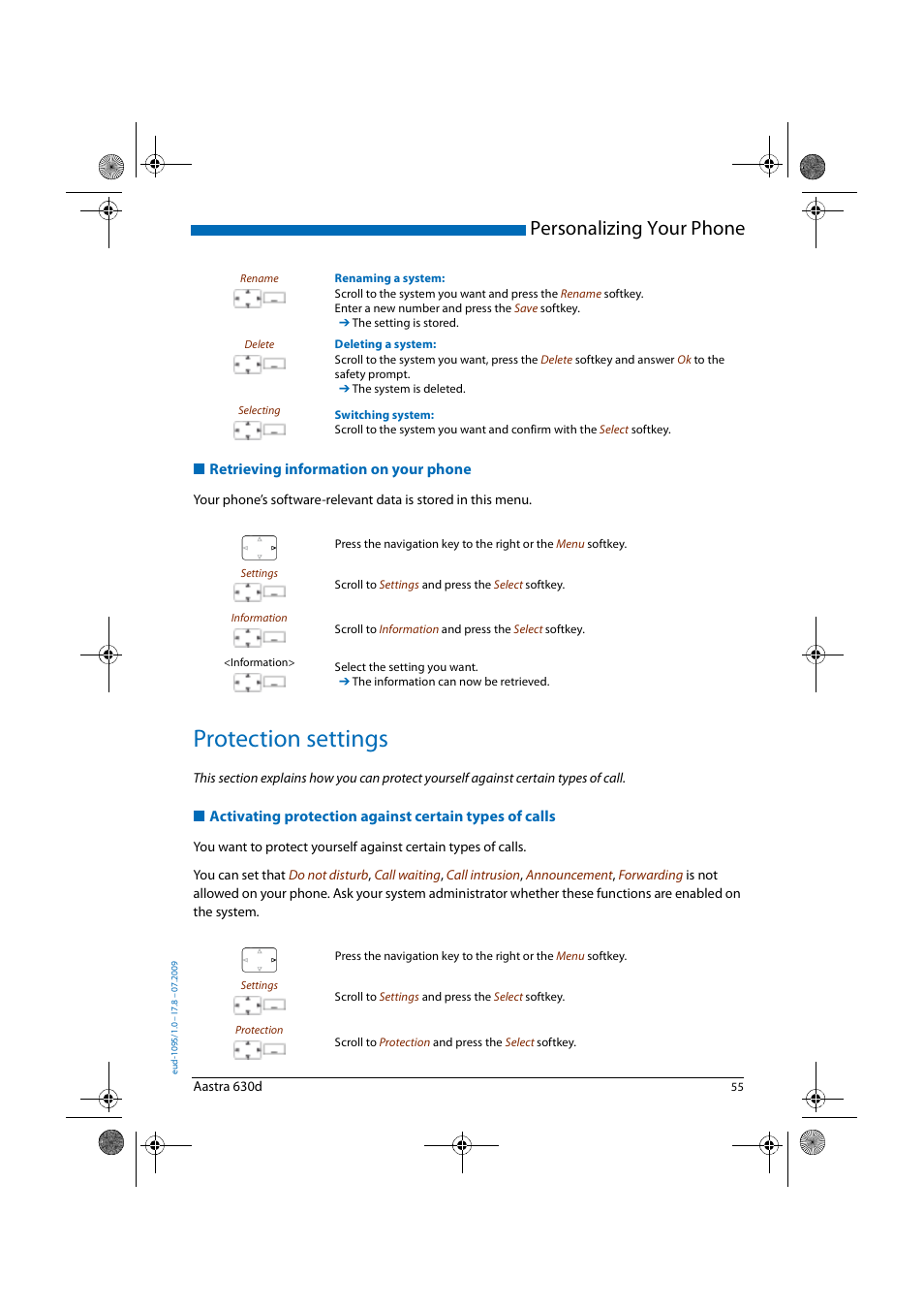 Retrieving information on your phone, Protection settings, Personalizing your phone | AASTRA 630d for Aastra IntelliGate User Guide EN User Manual | Page 55 / 84