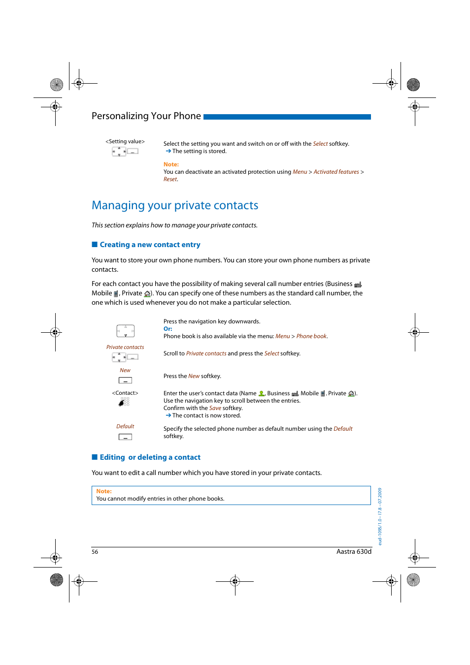 Managing your private contacts, Creating a new contact entry, Editing or deleting a contact | Creating a, New contact entry, Personalizing your phone | AASTRA 630d for Aastra IntelliGate User Guide EN User Manual | Page 56 / 84