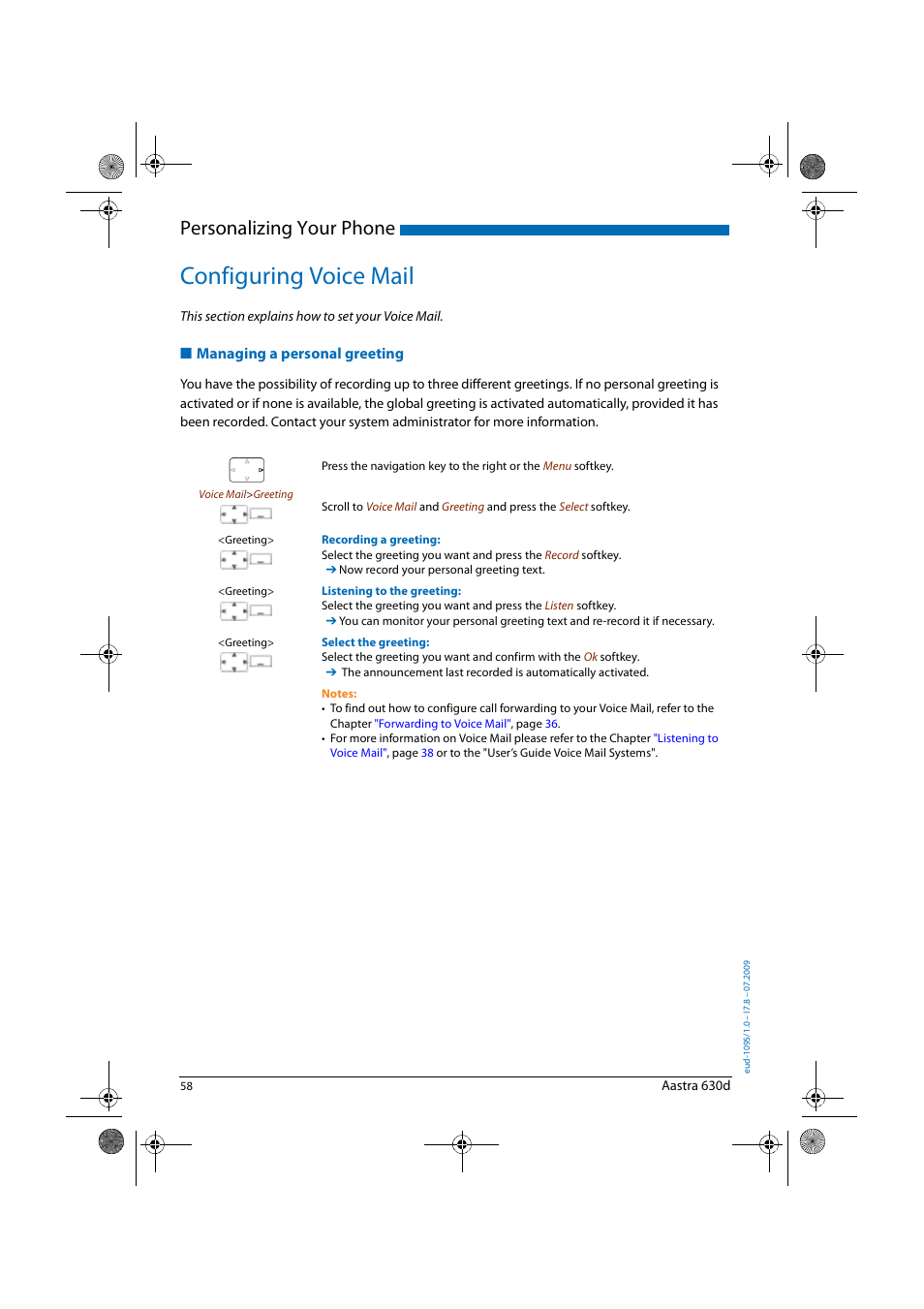 Configuring voice mail, Managing a personal greeting, Config | Uring voice mail, Personalizing your phone | AASTRA 630d for Aastra IntelliGate User Guide EN User Manual | Page 58 / 84