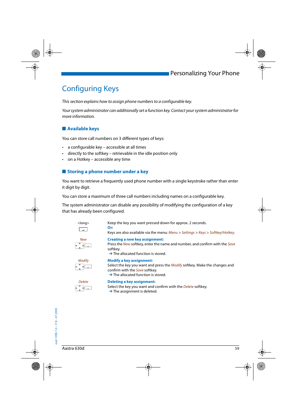 Configuring keys, Available keys, Storing a phone number under a key | Storing a phone number under a, Personalizing your phone | AASTRA 630d for Aastra IntelliGate User Guide EN User Manual | Page 59 / 84