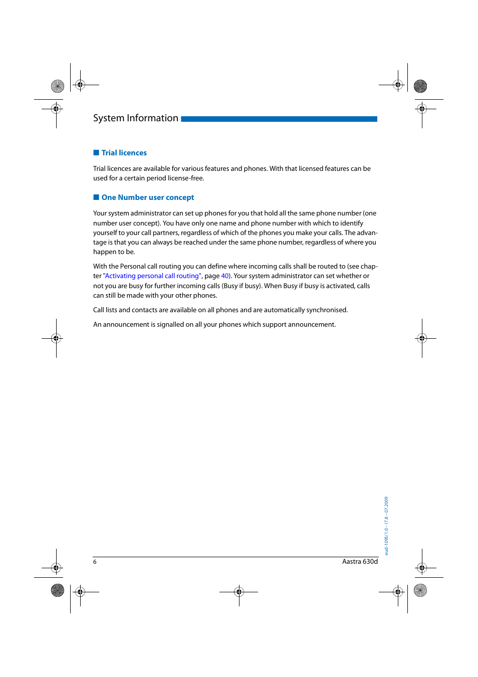 System information, Trial licences, One number user concept | AASTRA 630d for Aastra IntelliGate User Guide EN User Manual | Page 6 / 84