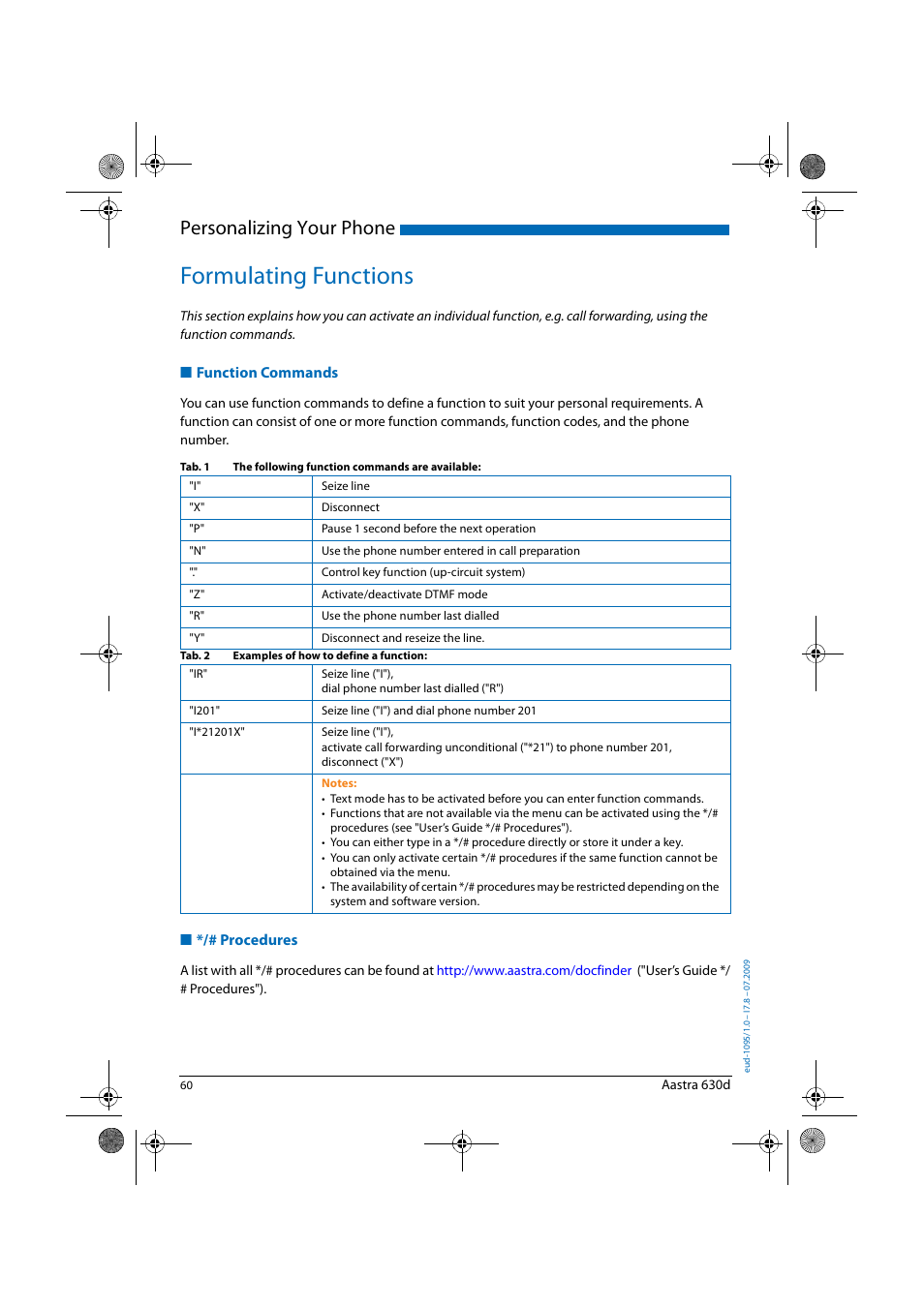 Formulating functions, Function commands, Procedures | Proce, Dures, Personalizing your phone | AASTRA 630d for Aastra IntelliGate User Guide EN User Manual | Page 60 / 84