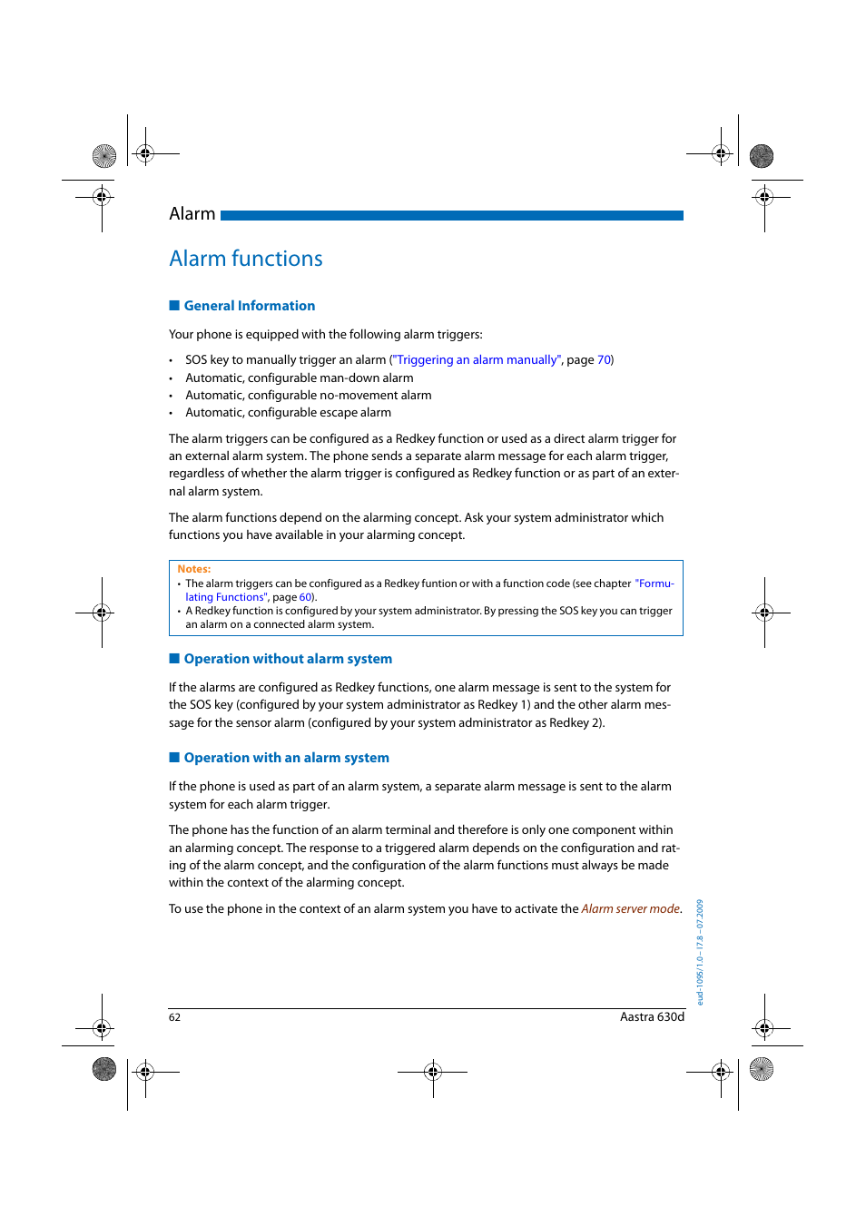 Alarm functions, General information, Operation without alarm system | Operation with an alarm system, Alarm | AASTRA 630d for Aastra IntelliGate User Guide EN User Manual | Page 62 / 84