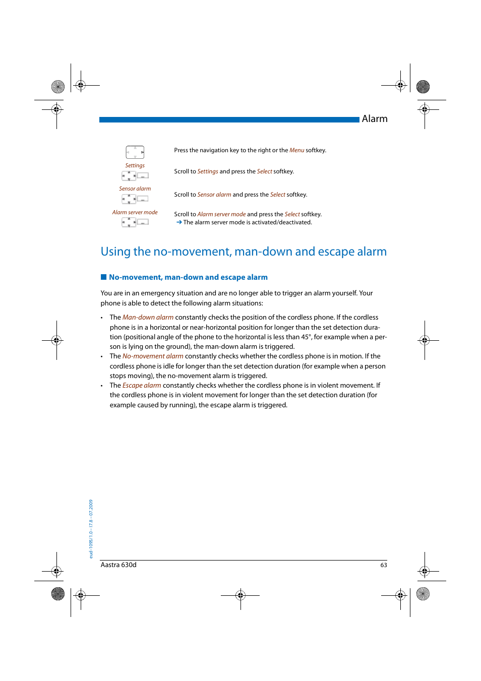 Using the no-movement, man-down and escape alarm, No-movement, man-down and escape alarm, Alarm | AASTRA 630d for Aastra IntelliGate User Guide EN User Manual | Page 63 / 84