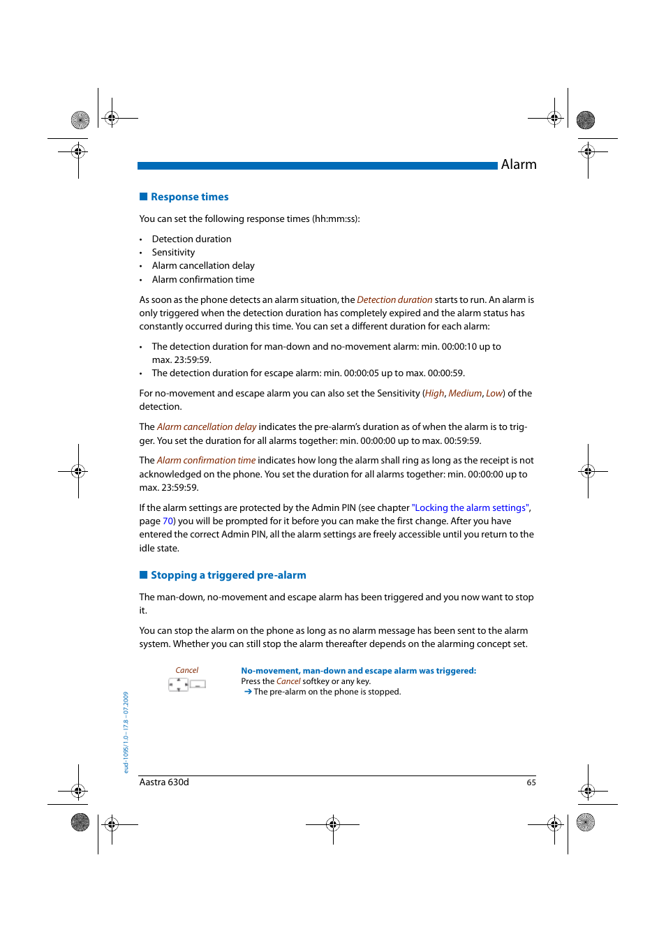 Response times, Stopping a triggered pre-alarm, Alarm | AASTRA 630d for Aastra IntelliGate User Guide EN User Manual | Page 65 / 84