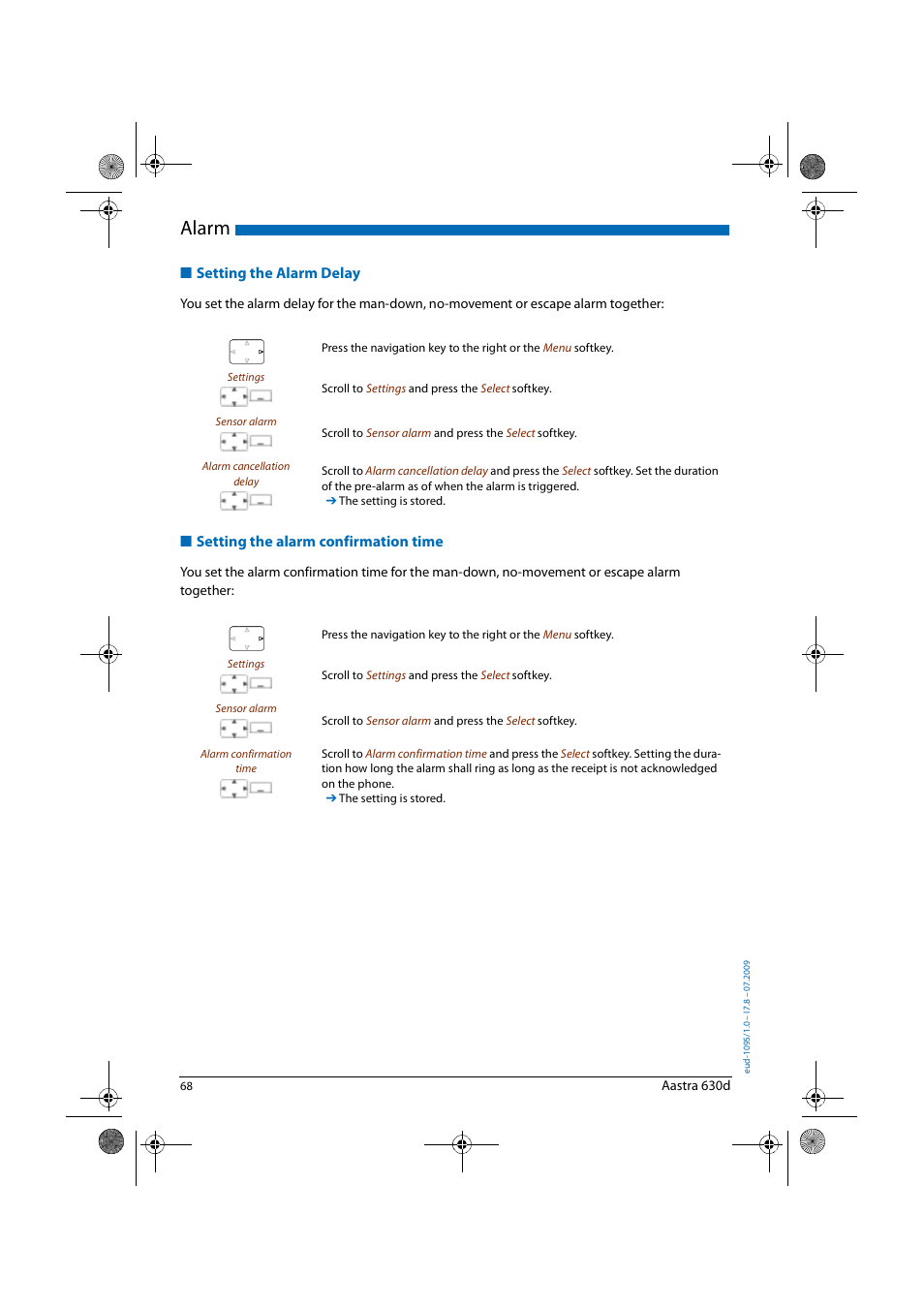 Setting the alarm delay, Setting the alarm confirmation time, Alarm | AASTRA 630d for Aastra IntelliGate User Guide EN User Manual | Page 68 / 84