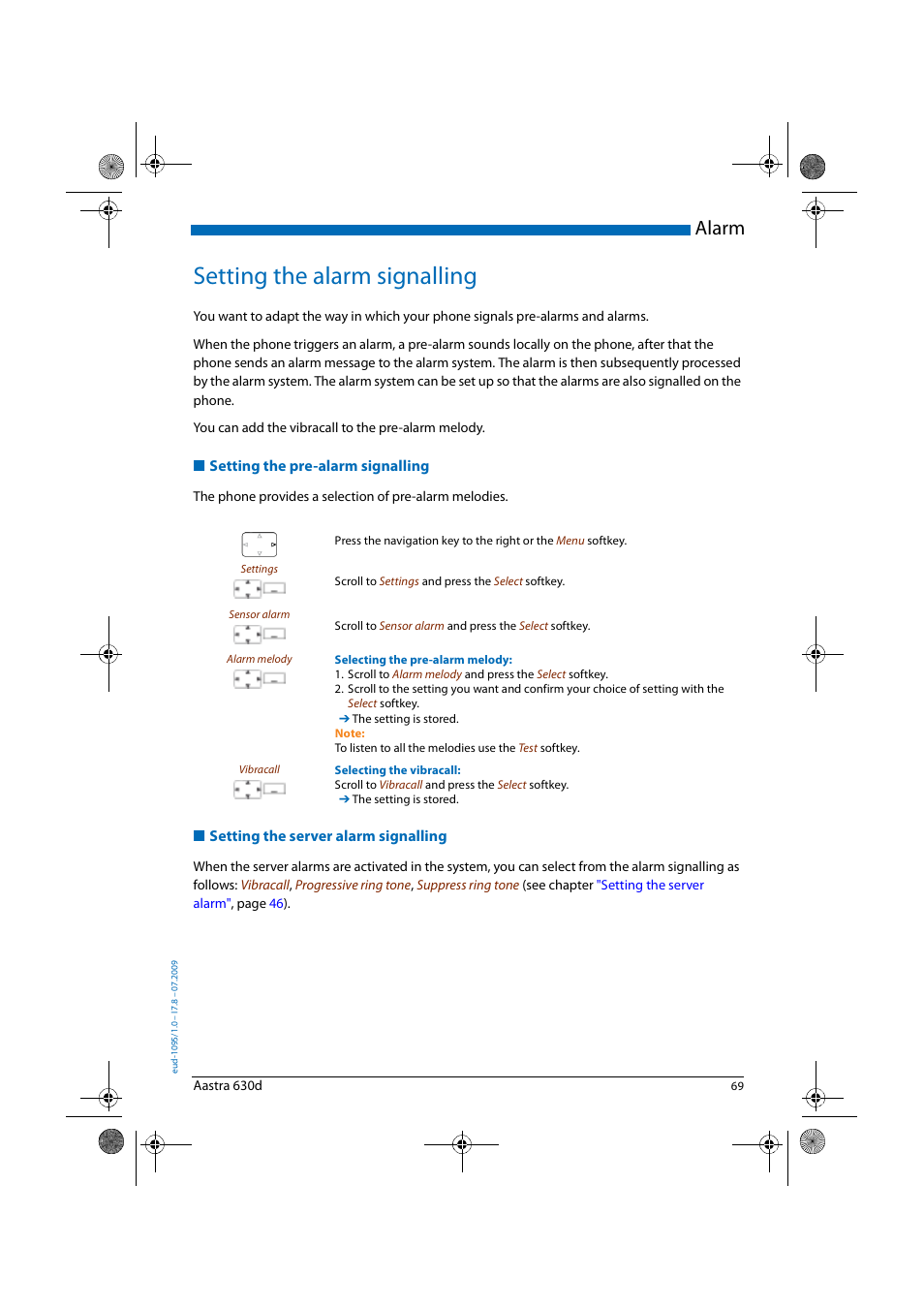 Setting the alarm signalling, Setting the pre-alarm signalling, Setting the server alarm signalling | Alarm | AASTRA 630d for Aastra IntelliGate User Guide EN User Manual | Page 69 / 84